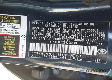 2016 Toyota Avalon Limited from USA, damaged, VIN 4T1BK1EB2GU205949